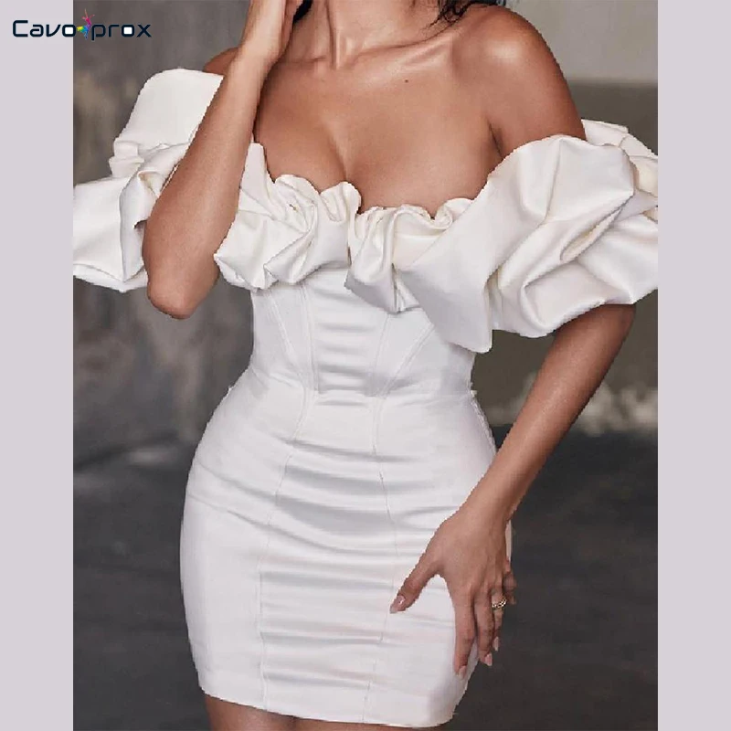 Твердые оборками с плеча Bodycon платье женщин Сплошной Белый Bodycon шикарные Коктейльные Вечерние платья