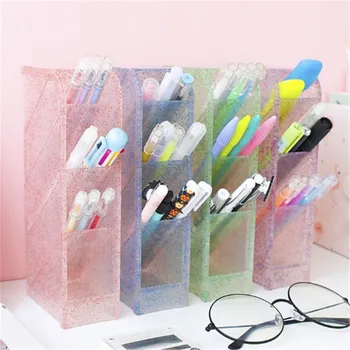 

Cute Multifunctional 4 Grid Tassel Flash Plastic Pen Container Storage Box Office Desktop Makeup Brush Pen Holders Office Tools