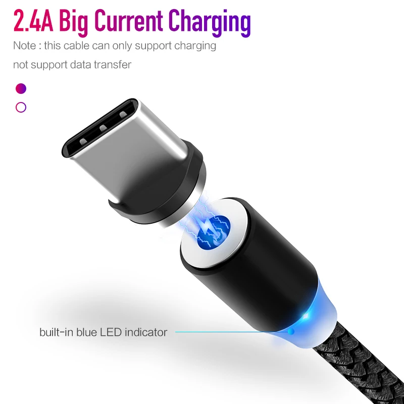 Магнитный кабель в оплетке светодиодный кабель Micro USB type C для iPhone samsung huawei Xiaomi 2.4A провод для быстрого заряда Магнитный телефонный кабель