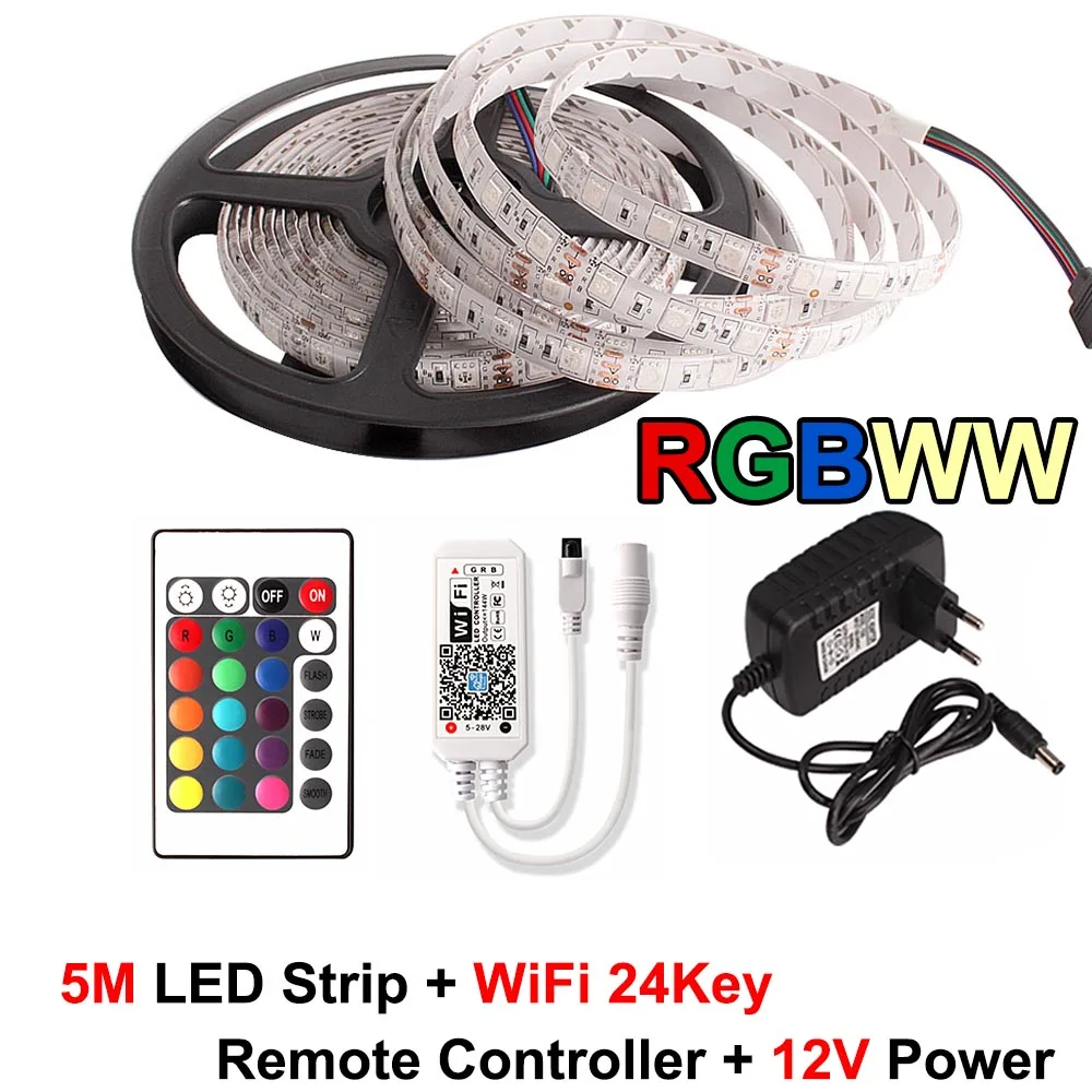 RGBWW Wifi set 5050 Wi-Fi Светодиодные ленты Водонепроницаемый RGBW Светодиодная лампа 12V Гибкий неоновый свет RGBWW светодиодный пропилен-каучука прокладки с сенсорный пульт дистанционного управления+ Мощность адаптер в комплекте - Испускаемый цвет: RGBWW Wifi set