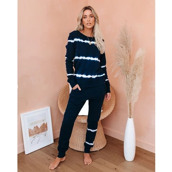 

New Arrival Fashion Print Women Pajamas 2020 Autumn Long Sleeves Stripe Tie-dye Gradient Pajama Sets Women Tracksuit