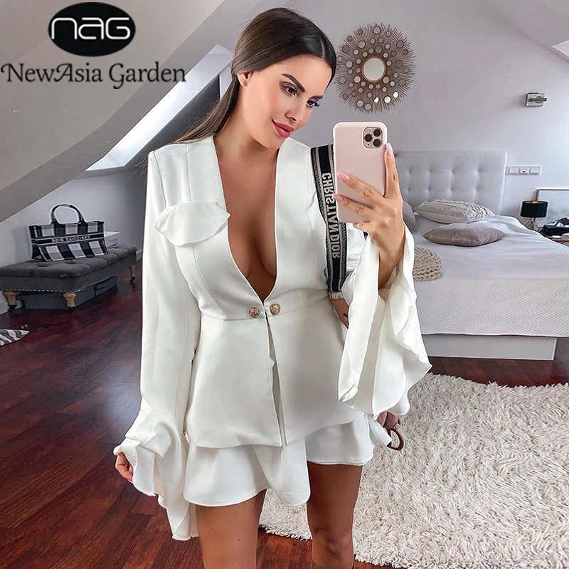 

NewAsia Garden Elegant Two Piece Set Deep V-neck Long Sleeve Splice Ruffles Blazer Mini Skirt Women Set OL White 2 Piece Outfits
