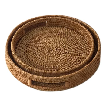 

Promotion! Rattan Hand Woven Round High Wall Severing Tray Food Storage Platters Plate Over Handles for Breakfast Drinks Snack