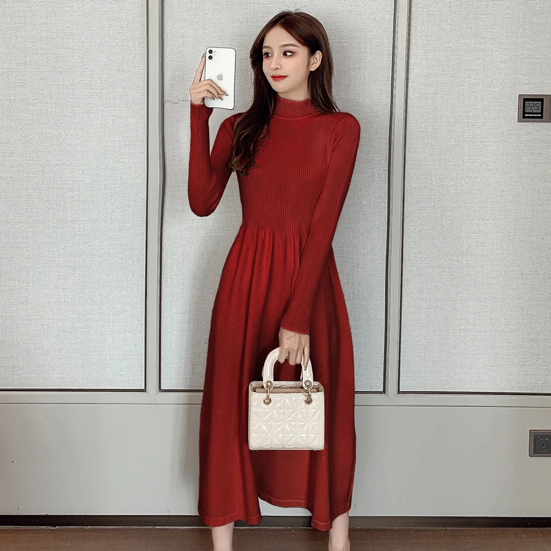 Autumn Winter New All-Match Casual Over-The-Knee Knitted Solid Color Round Neck Bottoming Elastic Black Dress Women