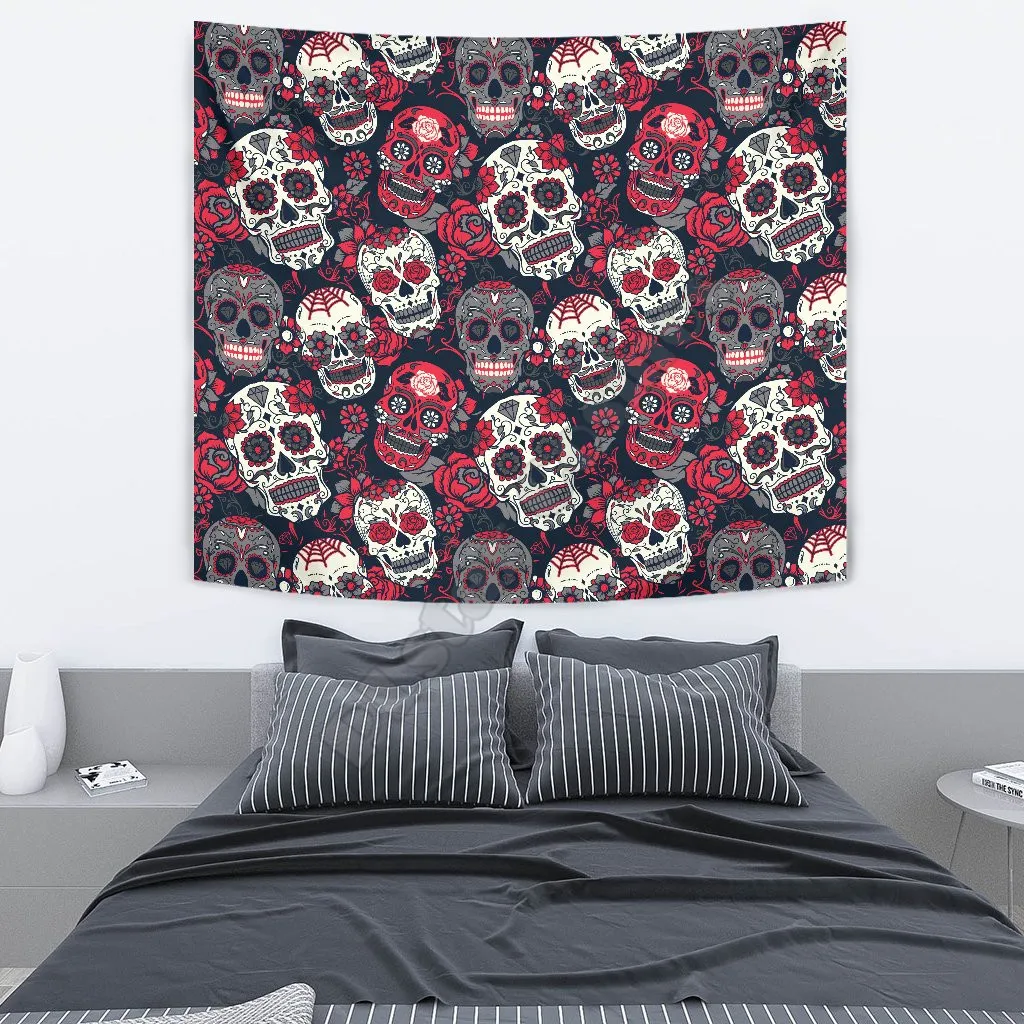 

SUGAR SKULLS ROSES WALL TAPESTRY 3D Printed Tapestrying Rectangular Home Decor Wall Hanging 02