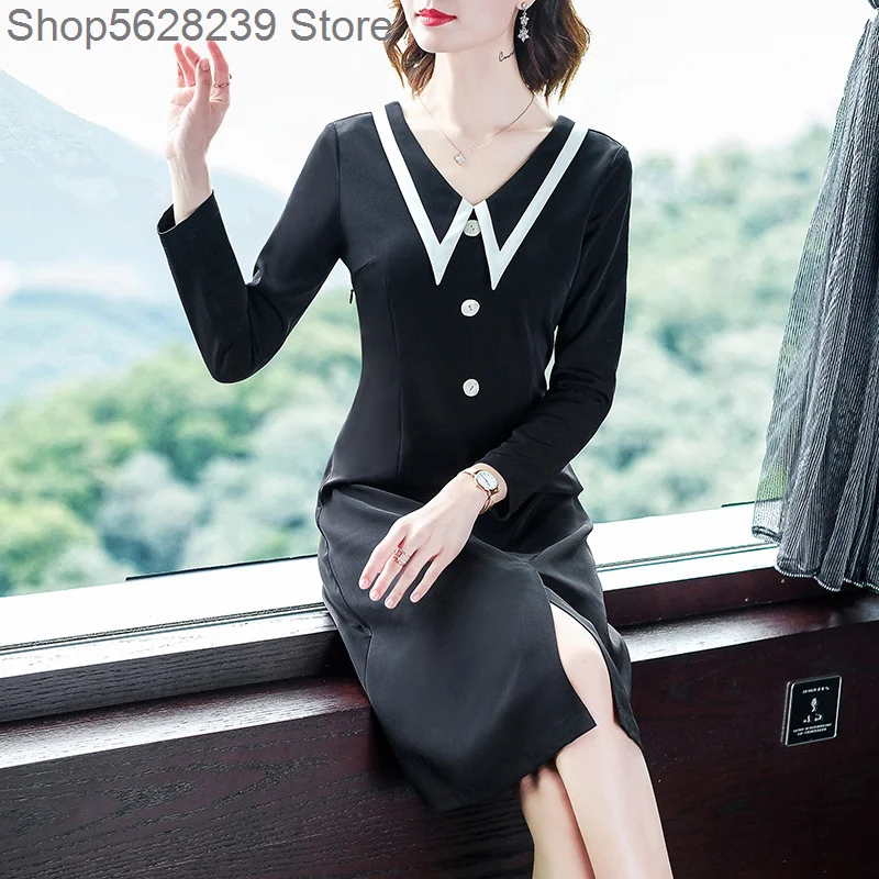 

Black Long Sleeve V Collar Dress 2020 Autumn Nine Points Sleeve Waist Slimming Temperament Short Skirt Split Skirt
