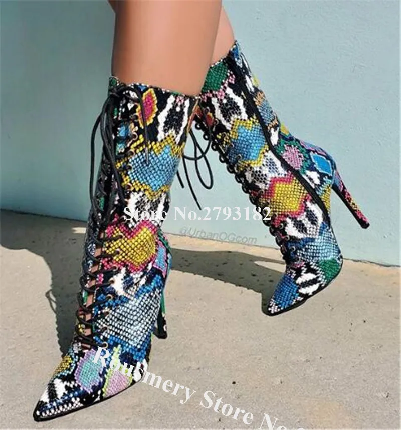 

Western Fashion Style Pointed Toe Snake Leather Stiletto Heel Short Boots Printed Leather Lace-up High Heel Ankle Booties