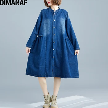 

DIMANAF Plus Size Women Dress Winter Autumn Embroidery Pleated Female Vestido Fashion Lady Dress Loose Denim Blue Button Clothes