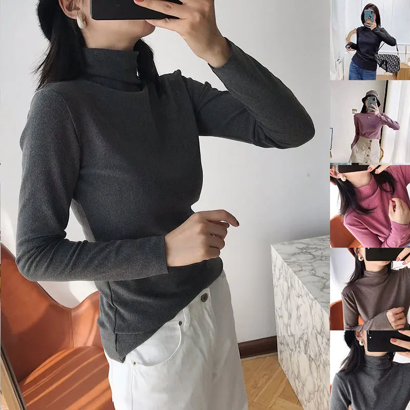 

Half High Neckline Long-sleeved Shirts Autumn Winter Tops T-Shirt Solid Color Turtleneck Knit Tees High Bounce Keep Warm