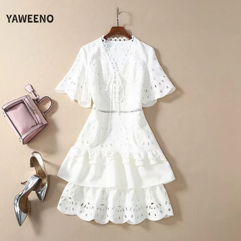 

2020 New Women Spring Summer Runway Fashion Elegant Lace Up V-Neck Flare Sleeve Hollow Out Embroidery Ruffled White Dress