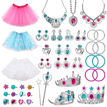 51Pcs Princess Pretend Dress Up Play Accessories for Girls Skirts Crowns Necklaces Adjustable Rings Earrings Bracelets for Kids 1