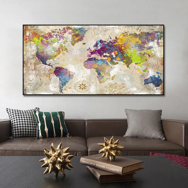 RELIABLI ART World Map Black and White Pictures Classic Style Canvas Paintings Modern Home Wall Decoration Posters Frameless map