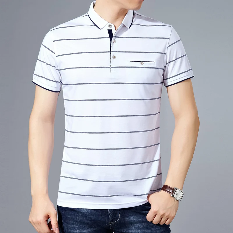 Мужская хлопковая рубашка-поло в полоску с коротким рукавом и отложным