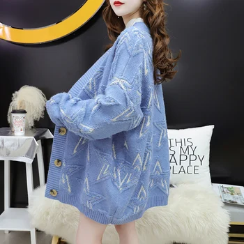 

Women Mid-length knitted Cardigan Sweater Korean Knitwear Women 2020 Spring Autumn Long Sleeve Sweater Loose Ladies Tops H160
