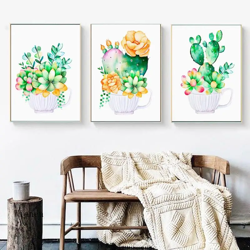

Watercolour Cactus Canvas Painting Nursery Wall Art Botanical Green Plant Succulent Picture Modern Poster Prints for Living Room
