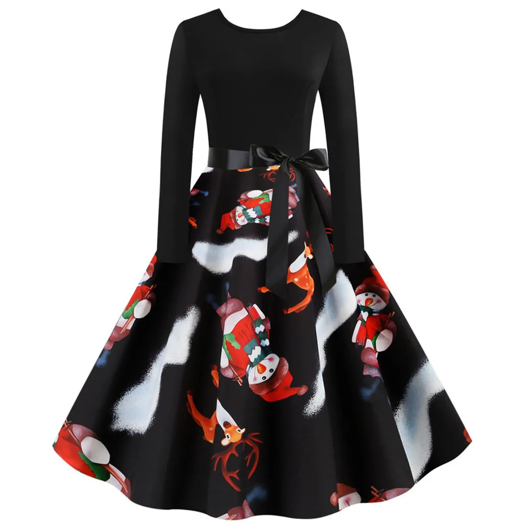 Feitong модное платье с бантом элегантное женское винтажное платье с длинными рукавами и принтом рождественское Черное вечернее платье - Цвет: 45
