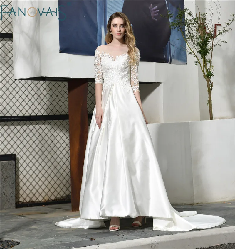 Элегантное свадебное платье цвета слоновой кости vestido de noiva с глубоким декольте 3/4 с длинным рукавом ТРАПЕЦИЕВИДНОЕ свадебное платье robe de mariee свадебное платье
