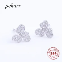 Pekurr кубический циркон 3 листа цветок 925 пробы серебро счастливый клевер серьги гвоздики для женщин аксессуары натуральные модные ювелирные изделия