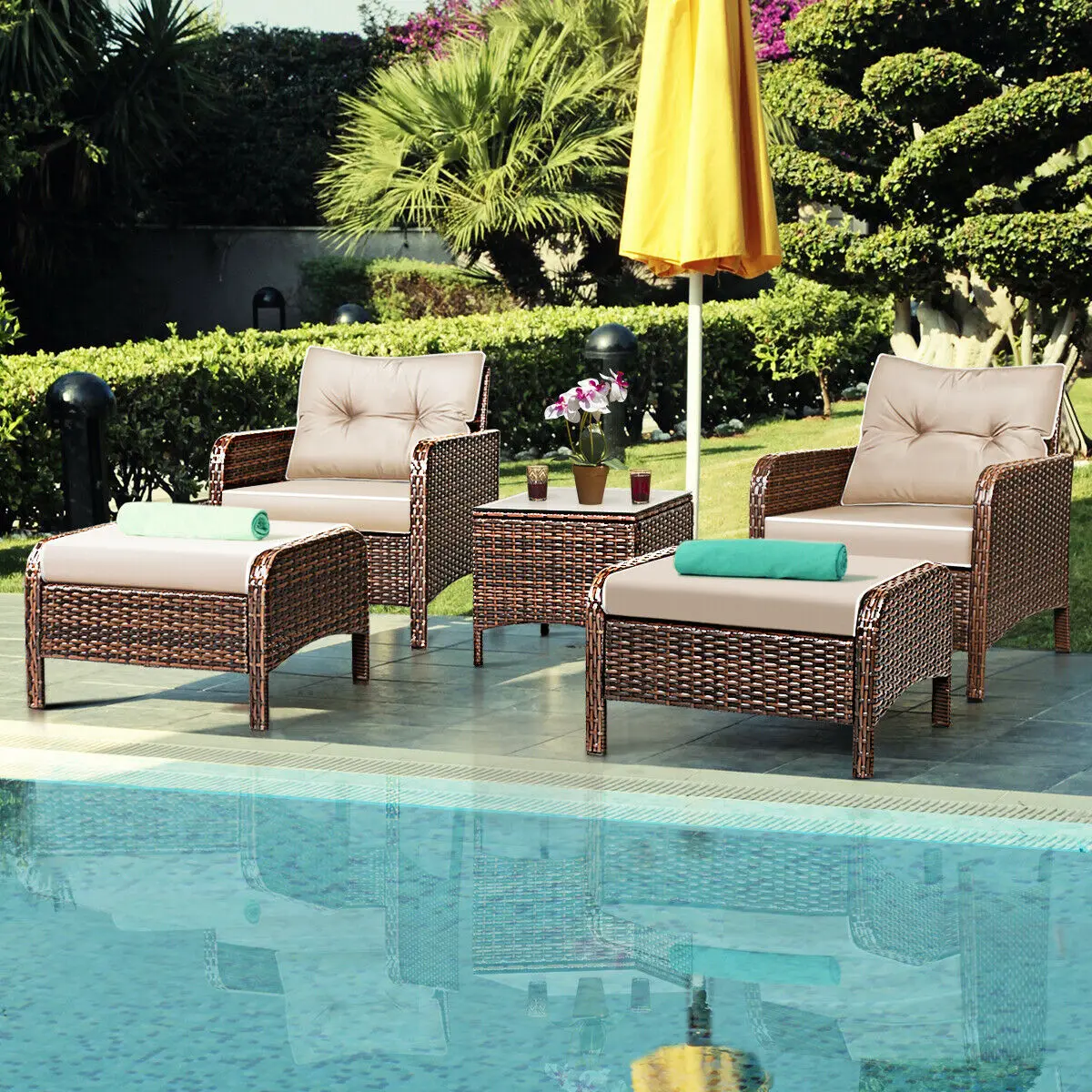 Biaya 5 Pcs Rotan Wicker Furniture Set Sofa Ottoman W Coklat Bantal Teras Taman Halaman Aliexpress