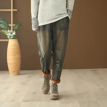 FINEBUD новые модные женские винтажные хлопковые джинсы хараюку с эластичной резинкой на талии Женские повседневные свободные зимние теплые флисовые шаровары