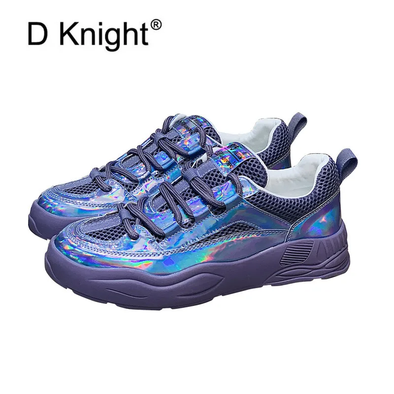 

European 2020 Women Sneakers 0ld Harajuku Shoes Lace Up Thick Bottom Flat Heel Laser Purple Platform Sports Women's Casual Shoes