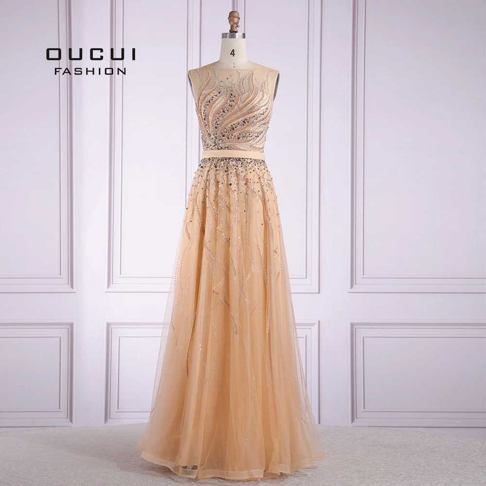 

Glamorous Diamond Sleeveless Gold A-Line Evening Dress Vestido Party Long Gown Floor-Length Illusion Back Prom Dress OL103655