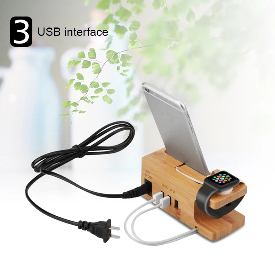 [Встроенный 3-Порты и разъёмы USB Зарядное устройство для работы со смартфонами Apple/Android USB Зарядное устройство кабель] iCozzier 3-Порты и разъёмы USB бамбука зарядная станция с подставка для часов Apple