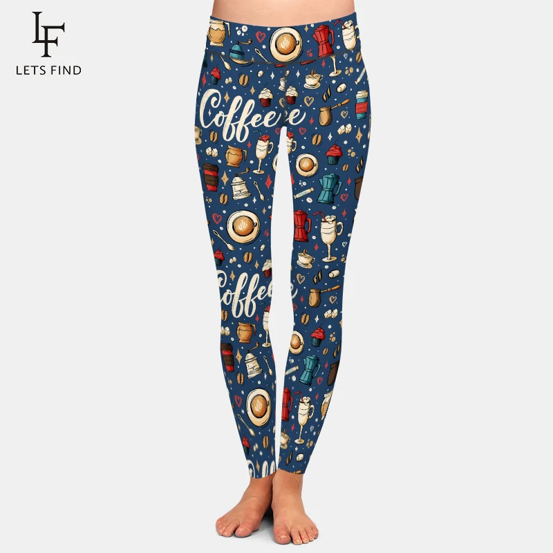 

LETSFIND New Fashion Women Leggings Hand-painted Coffee Printing Fitness Legging Sexy High Waist Slim Woman Pants