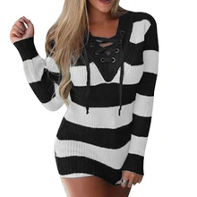 NIBESSER, сексуальный лоскутный осенний бандажный свитер с v-образным вырезом, женский теплый вязаный полосатый свитер с длинным рукавом, пуловер, Женский Топ, джемпер