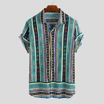 

Ethnic Style Print Men Casual Shirt Lapel Neck Streetwear Short Sleeve Tops 2019 Loose Tropical Hawaiian Shirt Men S-5XL