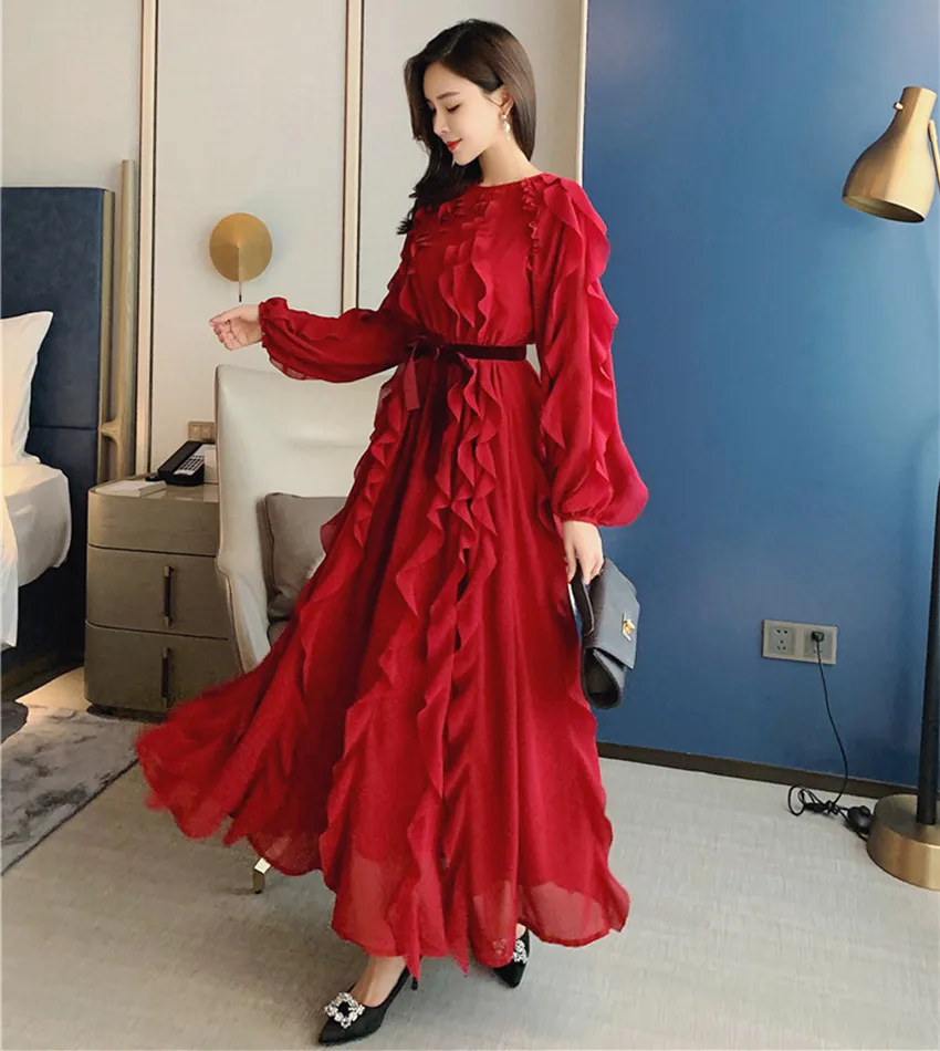 

HAMALIEL Elegant Runway Autumn Long Party Dresses Women Chiffon Ruffles Red Full Lantern Sleeve Maxi Dress Fashion Belt Dress