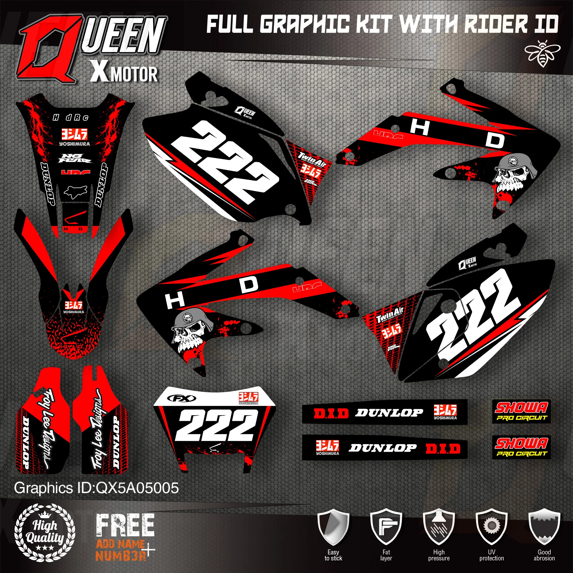 

QUEEN X MOTOR Custom Team Graphics Backgrounds Decals Stickers Kit For HONDA 2005-2007 2008-2015 2016 2017 2018 CRF450X 005