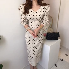 

Spring Autumn Women Casual Polka Dot French Style Printdress A-Line Party Corduroy Dresses Eleagnt Lace-Up Slim FashionRetro2021