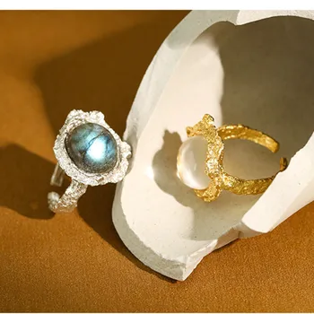 

100% 925 Sterling Silver Irregular Round Rings For Women Fine Jewelry, Fashion White Crystal Labradorite Ring Female Accessories