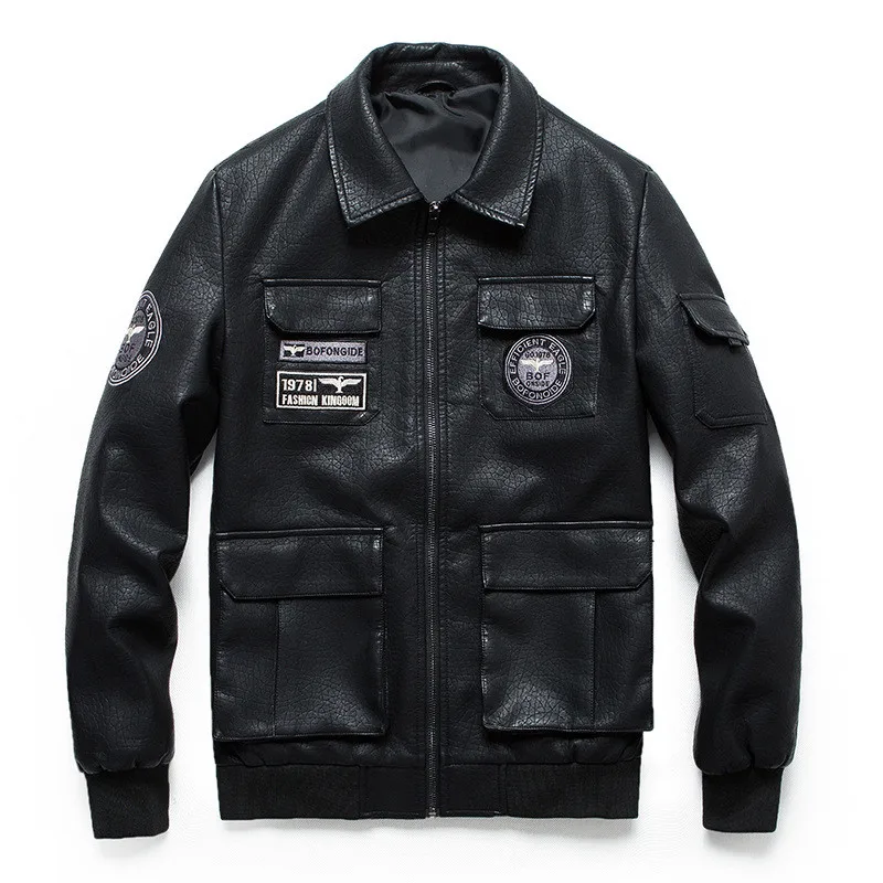 

KIMSERE Men Fashion Leather Flight Bomber Jackets With patches Mult Pockets PU Biker Jacket Motorcycle Outerwear Plus Size M-5XL
