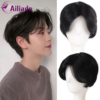 

AILIADE Short Wave Wig for Men Boy 100% Human Hair Black Middle Part Bangs Wig Cosplay Party Daily Wig