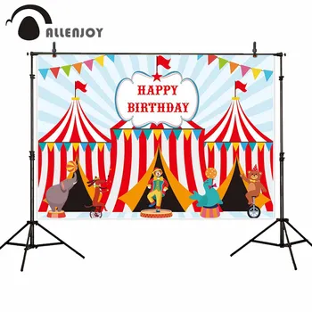 

Allenjoy Happy Birthday Party Photozone Flags Stripe Tents Clown Cartoon Animals Show Banner Backdrop Child Circus Party Curtain