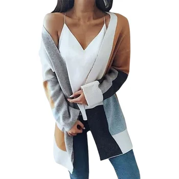 

Knitted Cardigan Women Sweater Casual Long Sleeve Open Front Soft Cardigans Patchwork Chunky Color Pocket Fashion Outerwear