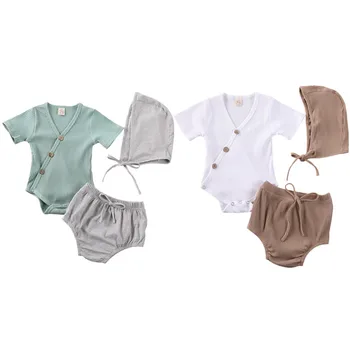 

2020 Newest Hot Infant Baby Cotton Romper 3Pcs Outfit Ribbed Sleeveless V Neck Romper Tops Striped Short Pants Cap Set