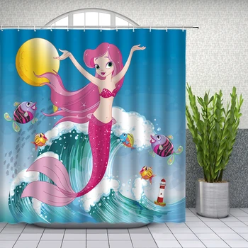 

Cartoon Mermaid Shower Curtains Fairy Tales Ocean Animal Underwater World Kids Funny Bathroom Decor Waterproof Cloth Curtain Set