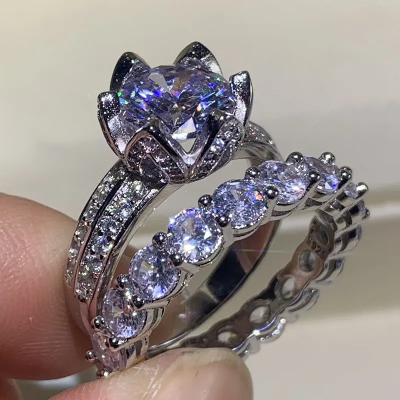 Ring set Новое поступление, потрясающие Роскошные ювелирные изделия, кольца для пар, 925 пробы, серебро, круглая огранка, белый, 5А, кубический циркон, вечерние, для женщин, обручальное кольцо - Цвет основного камня: Ring set