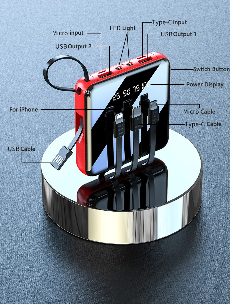 Portable Charger Mini Powerbank Built in 4 Cable External Battery Pack Power Bank For Mobile Phone Tablet with Digital Display powerbank for phone