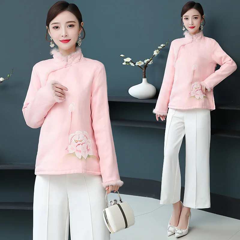 

2019 Winter New Style Retro Hand-Painted plus Thick Cotton Cheongsam Fashion Rabbit Fur Slim Fit Cotton-padded Clothes Cotton Co