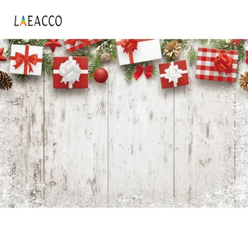 

Laeacco Photographic Backgrounds Merry Christmas White Wood Planks Snow Gifts Leaves Party Baby Portrait Backdrops Photo Studio