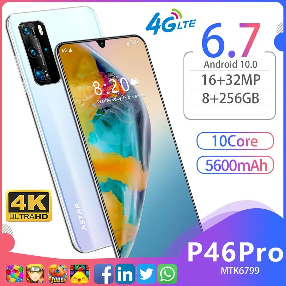 Смартфон P46 Pro 6 7 дюйма 10 ядер 8 + 855 ГБ 256 мАч Android 10|Бамперы| |