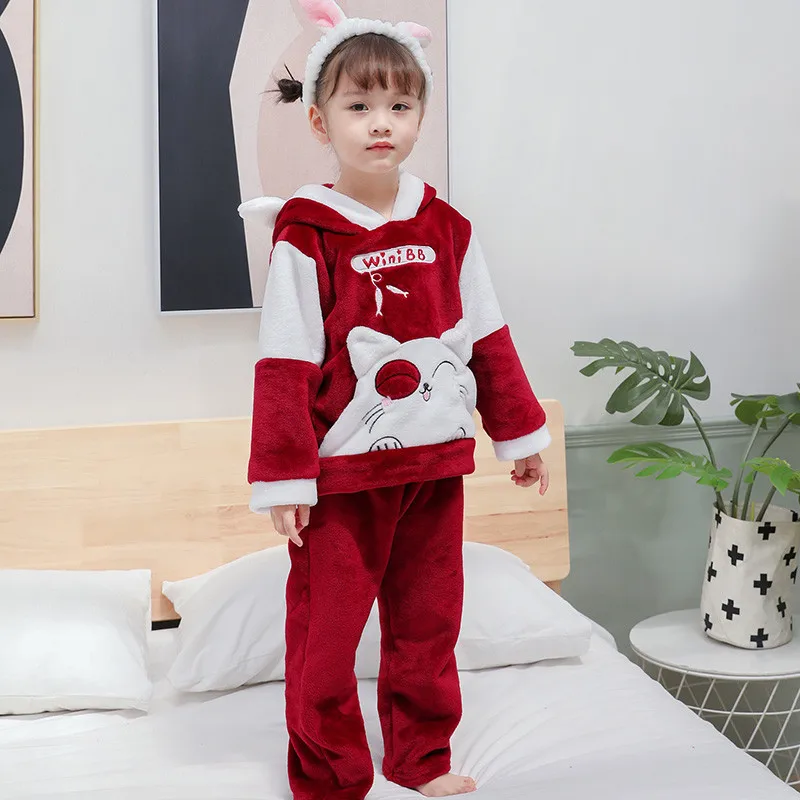 Winter Flannel Kids Pajamas Sets Warm Sleepwear Cartoon CAT Print Baby Girls Boys nightwear Children Girls 1 2 3 4 5 YEARS