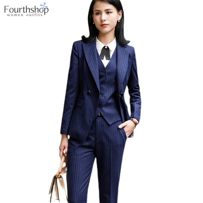 

2021 New Fashion 3 Pieces Set Office Lady Striped Pant Suits Women Business Work Uniform Formal Blazer Jacket Trousers Waistcoat