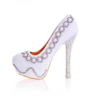 

Womens Wedding Pearl Shoes Crystal Decor Pumps Round Toe Sexy Bride High Heels Female Rhinestone White Lady Party Slip On Shoes