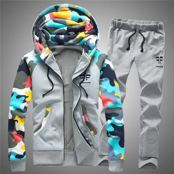 Aismz Sportswear Men Camouflage Sleeve Hooded Hoodies+ Pants Tracksuit Winter Casual Fleece Warm Mens Sporting Suits 4XL