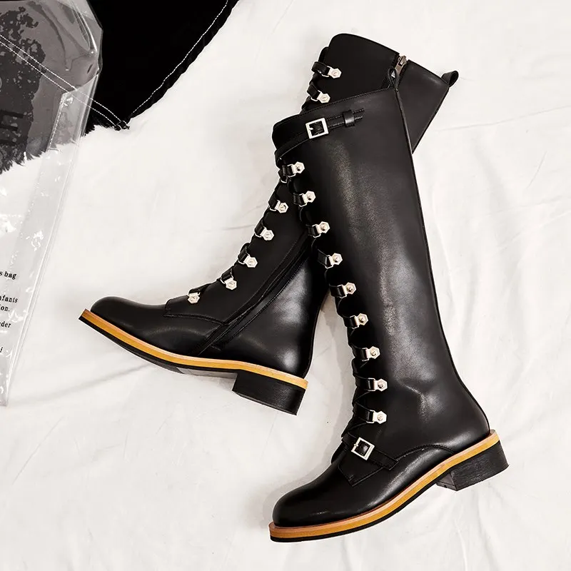 ASUMER new Genuine leather boots buckle punk women's motorcycle boots lace up autumn winter combat knee high boots women